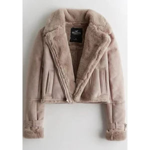 Hollister Crop Faux Shearling Biker Jacket Grey Medium